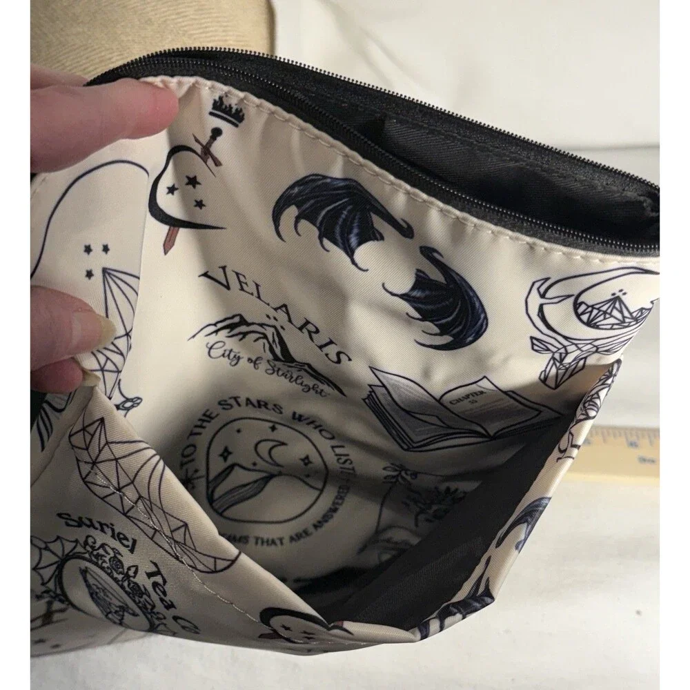 Velaris City of Starlight Makeup Bag Pouch Beige Black Zipper 10 x 9 in